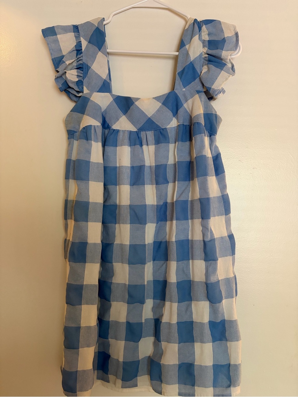 entro Blue and White Gingham Mini Dress with Ruffle Sleeves